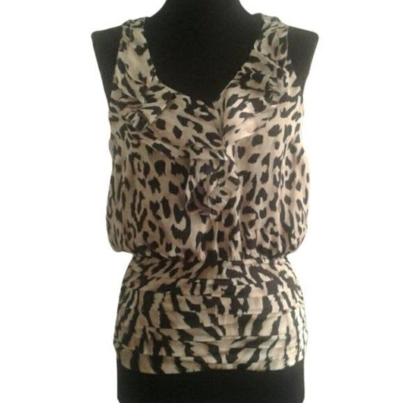 WHBM XS Blouse Leopard Print Sleeveless Ruffled Neckline Smocked Tiered Waist - Picture 1 of 8